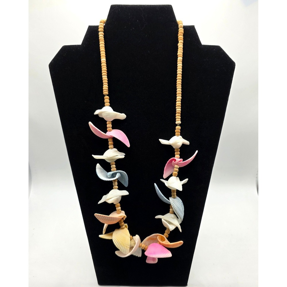 Vintage Pastel Seashell Wooden Bead Statement Necklace Beach Tropical 24 Inch
